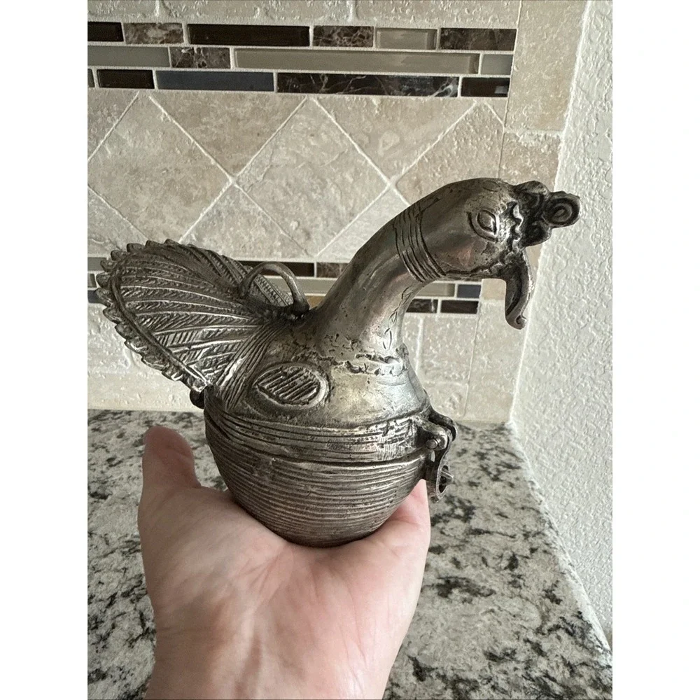 Vintage Brass Dhokra Peacock Bird Trinket or Betel Box Hinged Lid